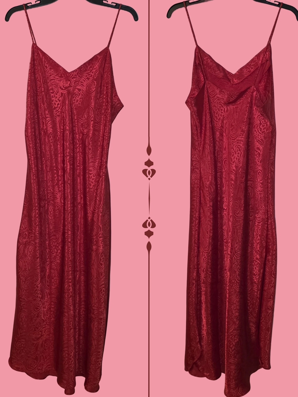 Vintage 90s Val Mode Lingerie Red Paisley Satin Long Slip - Picture 1 of 9
